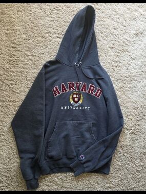 Champion Harvard Dark Gray Hooded Sweatshirt with Red Lettering